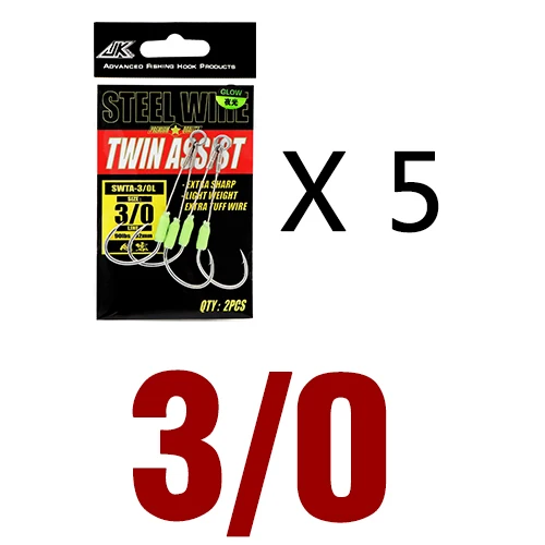 JK 5packs Sea Fishing Hook Steel Wire 7x7 Slow Jigging Size 1/0 2/0 3/0 4/0 5/0 Luminous Double Assist Hook Slow Pitch Tackle 5packs - 3 l 0