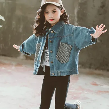 

Plaid Pockets Patchwork Jeans Coats For Teenage Girls Long Sleeve Denim Jackets Clothing Children Autumn Tops Outerwears Clothes