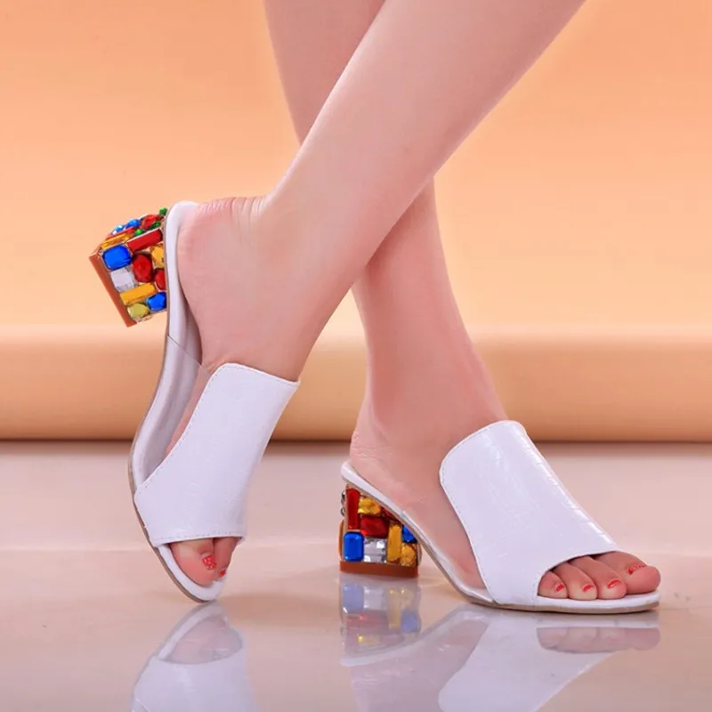 

Rimocy cleer heels sandals 2019 summer colorful crystal med heels leather slides casual shoes woman mix color slippers big size