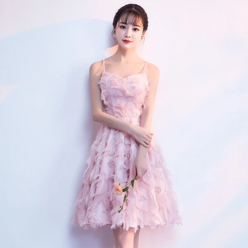 

New Arrival Office Lady A-line Pink Color Sleeveless Tassel Knee-length Spaghetti Strap V-neck Summer Dress XHWS-059