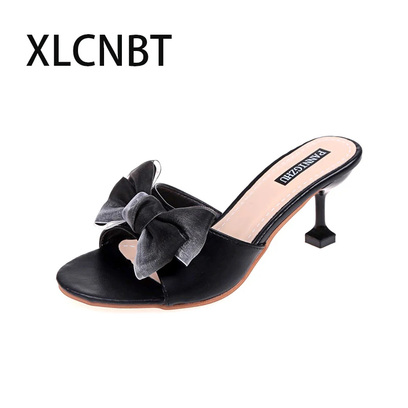 

Bowknot slipper women's fashion wear out with ladies cool slippers sexy ladies high heel slipper office slides summer thin heel