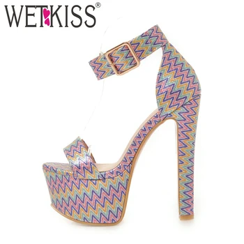 

WETKISS Summer Ankle Strap Women Sandals Open Toe Platform Shoes Print Footwear 2018 Super High Heels Party Fashion Ladies Shoes