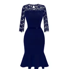 Mujeres Viste la Nueva Llegada 2018 O Cuello de Encaje Azul Marino Vintage 50 s 60 s Moda Formal Cocktail Party Sirena Vestido de Midi 300096