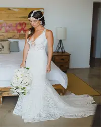 Vestido De Noiva Robe De Mariage 2019 Романтический Русалка кружево свадебное платье Sexy V средства ухода за кожей шеи спагетти бретели для нижнего б