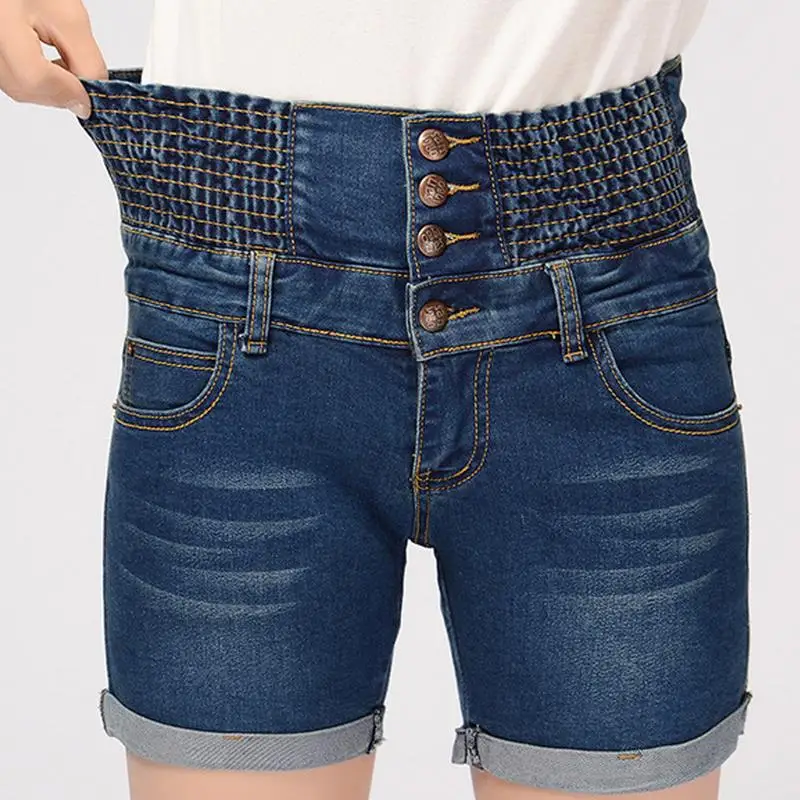 

2017 Buttons Elastic High Waist Shorts Feminino Denim Shorts Women Loose Plus Size 8xl Jeans Short