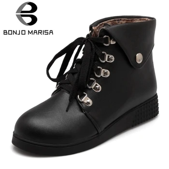 

BONJOMARISA 2020 Winter Big Size 34-43 Casual Women Flat Ankle Boots lace-up Add Fur Boots Med Wedges Shoes Woman