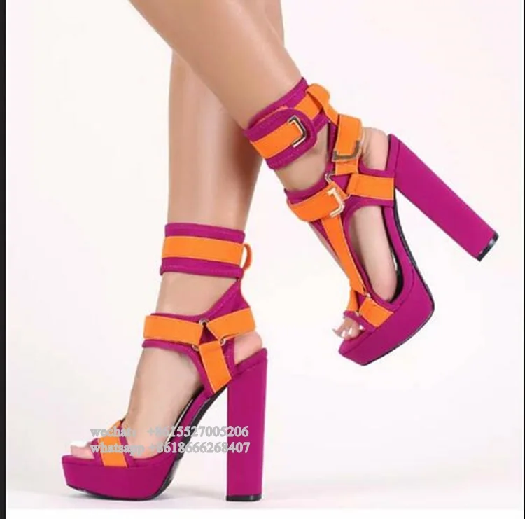Модные красные, оранжевые Босоножки на платформе и высоком каблуке; женские дизайнерские летние туфли с высокой пяткой окутанная пряжкой