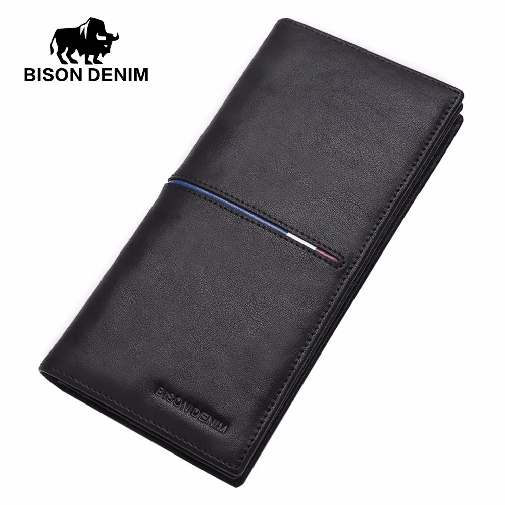 BISON DENIM, модные мужские кошельки из натуральной кожи, длинный тонкий двойной кошелек, деловой мужской держатель для карт, кошелек