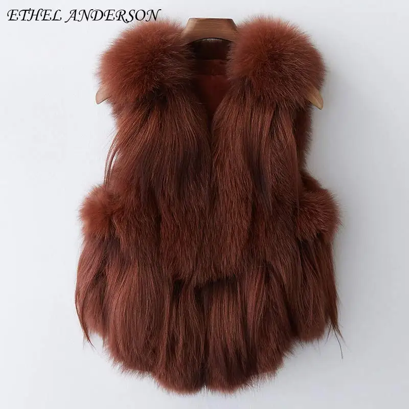 Ethel Anderson, натуральный Лисий мех, жилет для женщин, Vogue, короткий жилет с овечьим мехом, кисточками, Полный Пелт, Elegnat, без рукавов, жилет, куртка - Цвет: Caramel