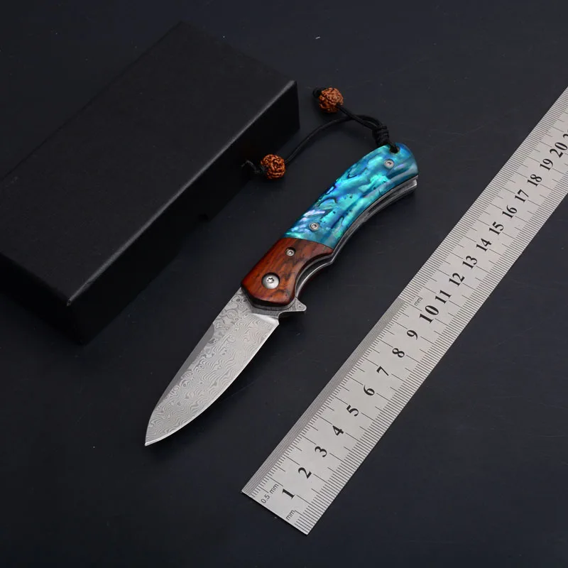 

Hysenss ELF Damascus Tactical Folding Knife Abalone Shell Handle Outdoor Camping Hunting Survival Pocket EDC Tools Man Gift