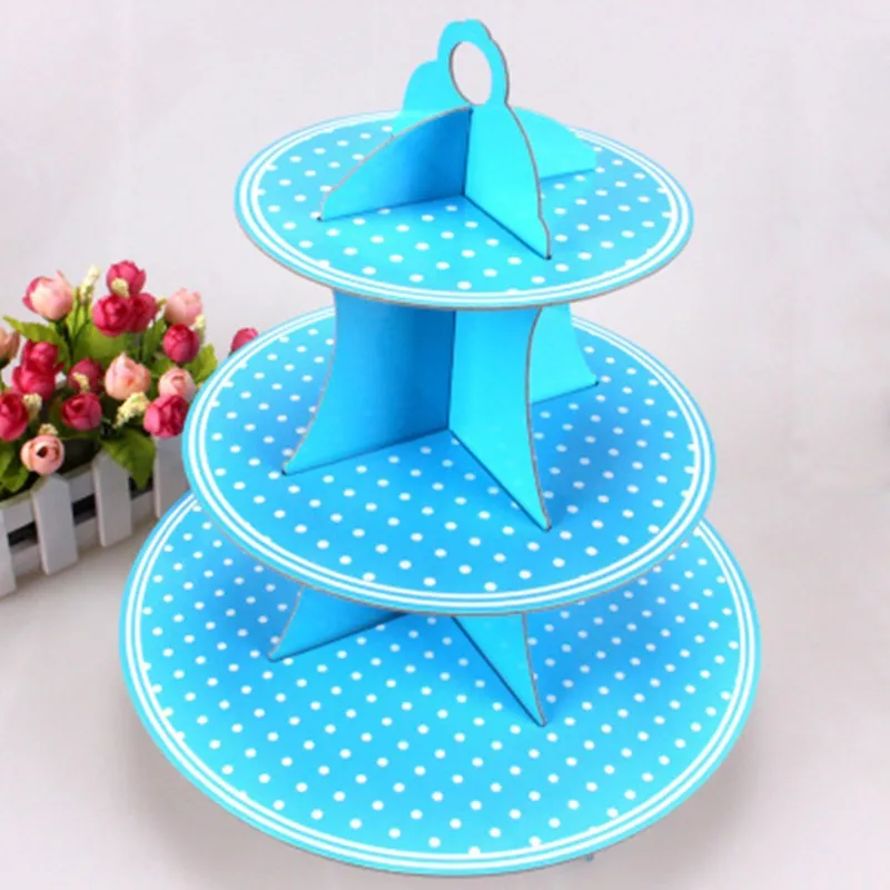 

1pcs\lot Kids Favors 3 Tier Cake Stand Blue Polka Dots Birthday Party Cupcake Holder Decoration Cardboard Baby Shower Supplies