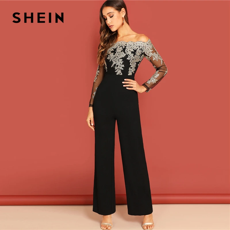SHEIN Комбинезон С Вышивкой И Открытыми Плечами Женский Летний Черный Элегантный