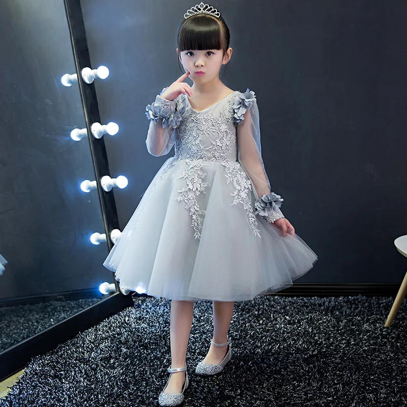 

long sleeve flowers ball gown . tulle dress gray baby girl gowns birthday 2017
