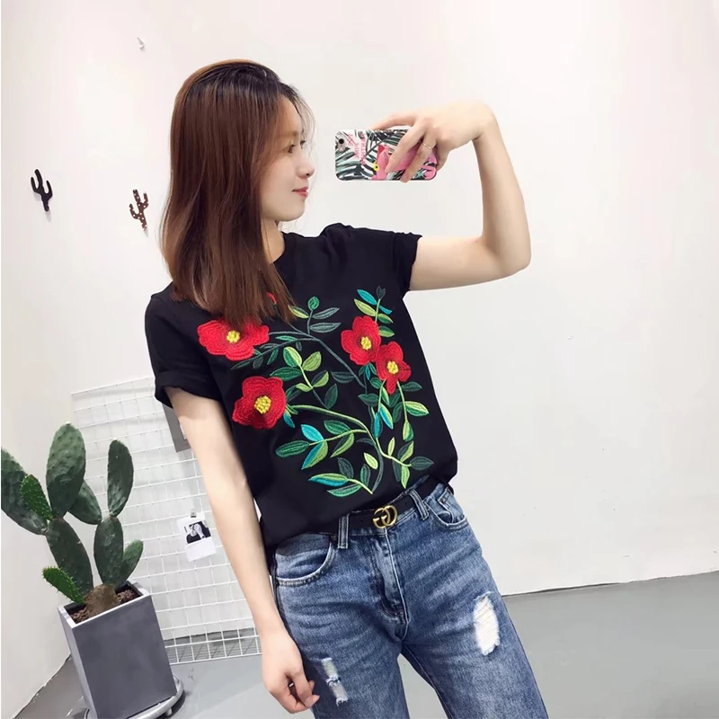 

Floral Print Black summer T shirt Women O Neck Short Sleeve Graphic Streetwear Vogue basic 2019 Korean harajuku funny Tee