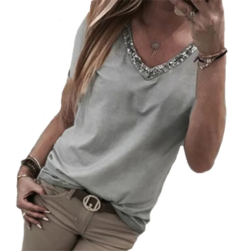 

t shirt Women Casual Ladies Sexy tshirt Sequins Fashion Long Sleeve V-neck Tops Casual Shirts Mujer De Moda New 2019