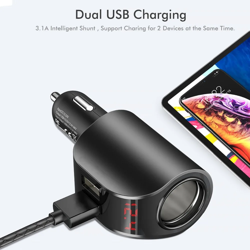 SOONHUA Dual USB Автомобильное зарядное устройство цифровой дисплей прикуриватель 3.1A Быстрая Зарядка адаптер для Xiaomi iPhone зарядное устройство для мобильного телефона