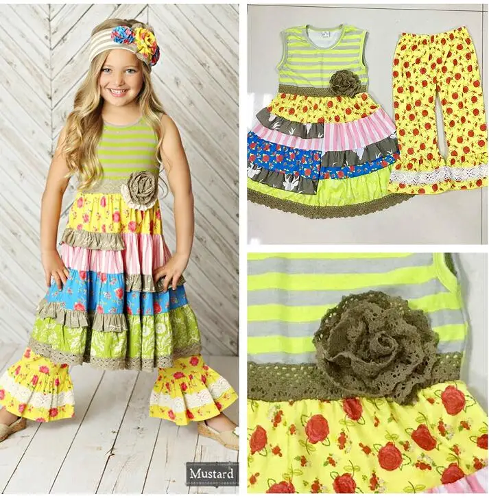 

Fashion Summer Children Clothing Sets Princess Boutique Outfits Floral Sleeveless Knitted Cotton Dress Yellow Ruffle Pants