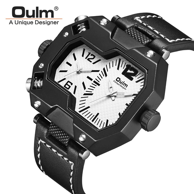 

Oulm Men's Watches Top Brand Luxury Unique Design Multiple Time Zone leather Watch Square Fashion Sport Wristwatch Men Clock