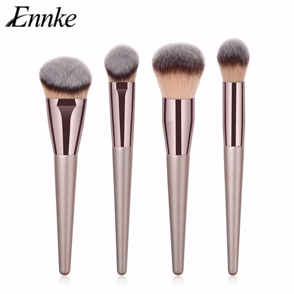 4pc Champagne Wood Handle Premium Makeup Brushes Set for Foundation Powder Blush Face Concealer