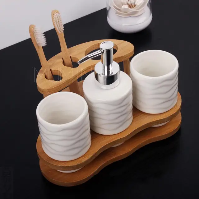 China Bamboo ceramics Bathroom Accessories Set Soap Dispenser