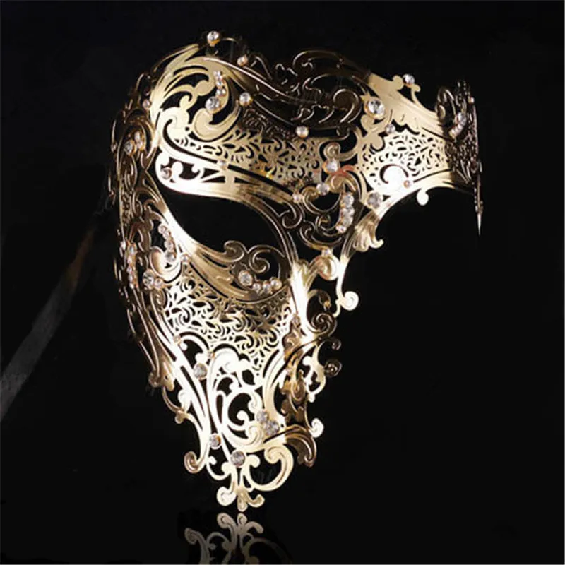 

Black Gold skull Metal Mask Halloween Rhinestone Half Face Venetian Masquerade Men White Women Skull Filigree Party Mask