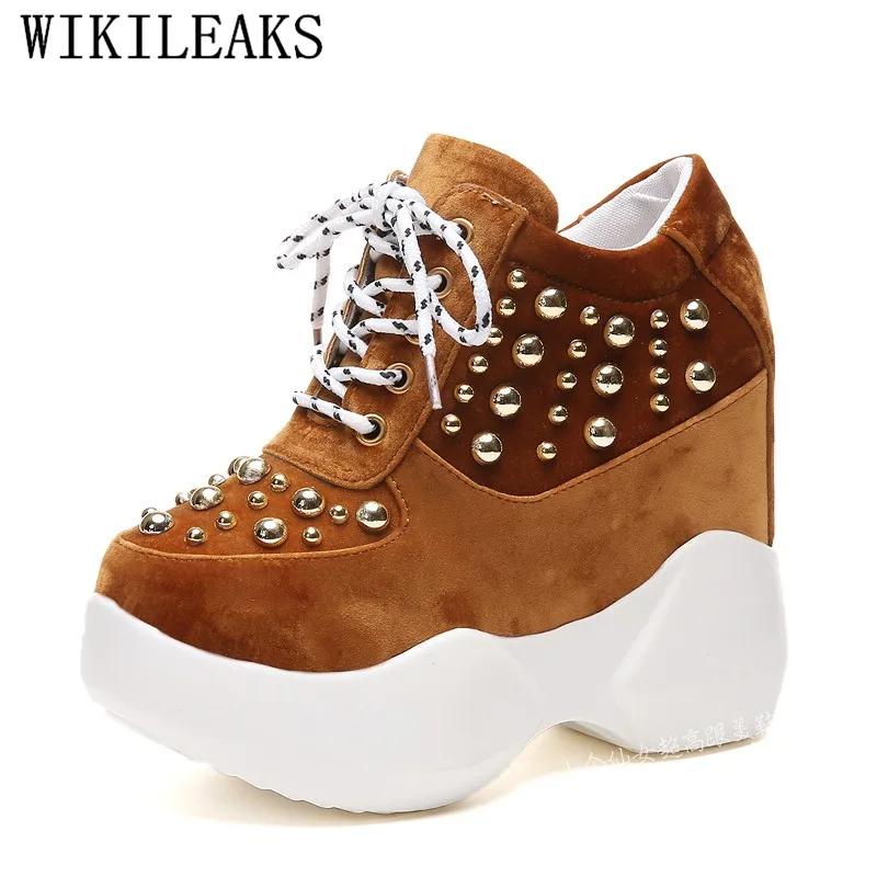 

2019 High Heel Wedges Shoes For Women Platform Sneakers 12CM Height Increasing Women Rivets Shoes Comfortable Casual Woman Shoes