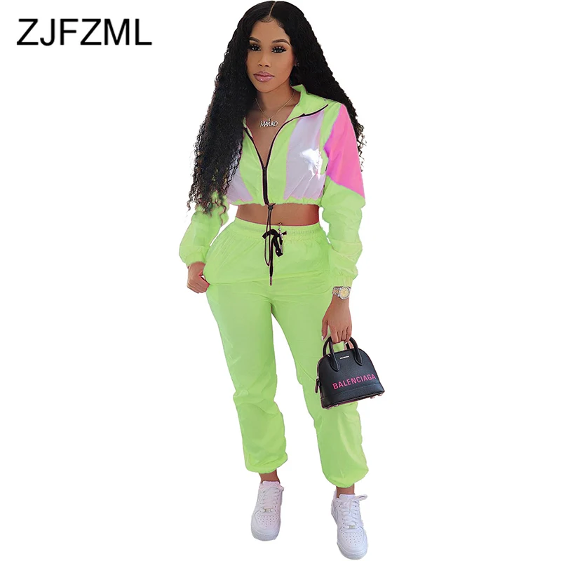 

Sexy Two Piece Set Women's Tracksuit Turn Down Collar Full Sleeve Crop Top + Loose Pants Sweatsuit Streetwear 2 Pcs Club Outfit