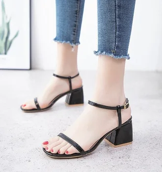 

2019Beige Black Sandals Summer Office High Heels Shoes Woman Buckle Strap Pumps Casual Women Shoes Plus Size 34-40