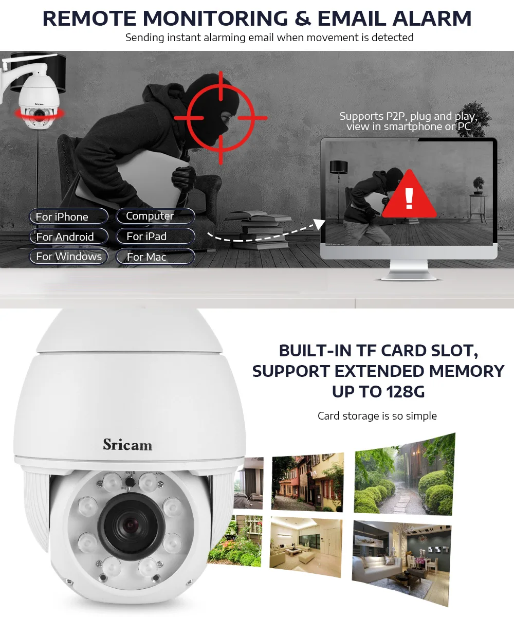 SP008B 720P Беспроводная ip-камера, WiFi ИК камера ночного видения, камера обнаружения движения, водонепроницаемая купольная камера наружного наблюдения