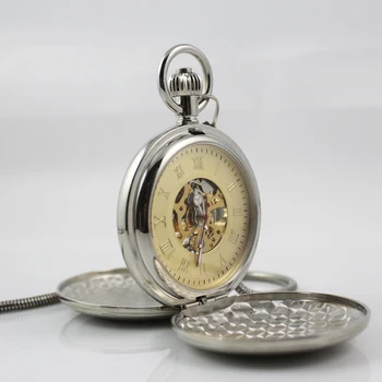 

Mens Double Open Gold Face Hollow Mechanical Pocket Watch Silver