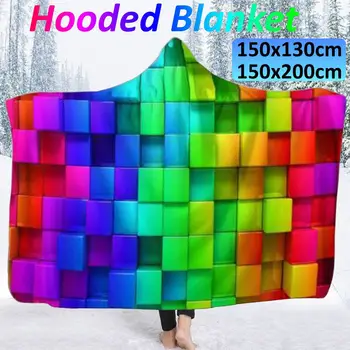 

2 Size Hooded Blanket 3D Printing Colored Cubes Warmly Wearing Soft Winter Home Sofa Travel Portable Towel Plush Mat Blanket New