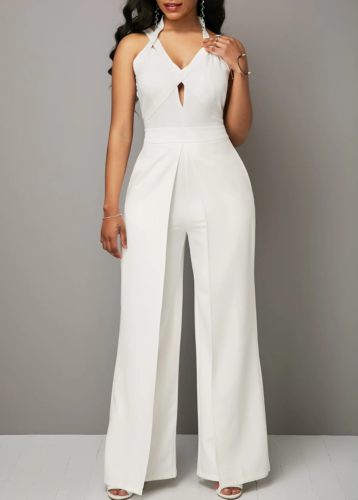 MUXU белый комбинезон combinaison pantalon femme elegante v образным вырезом широкие брюки комбинезон с открытой спиной Боди тела женский сексуальный комбинезон - Цвет: white