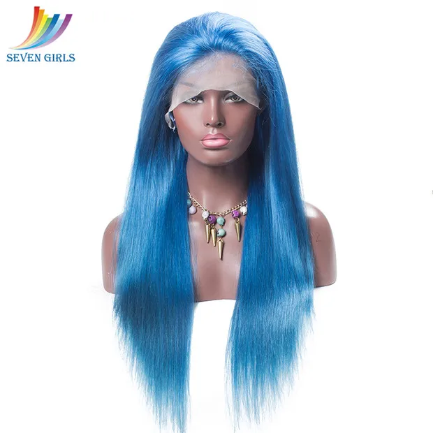 

Sevengirls Light Blue Full Lace Human Hair Wigs Preplucked With Baby Hair 100% Virgin Hair For Black Women Free Shipping