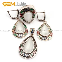 Белый кошачий глаз(стекло) капля антикварный тибетский серебряный сережек с кольцами-подвесками Ювелирный Набор