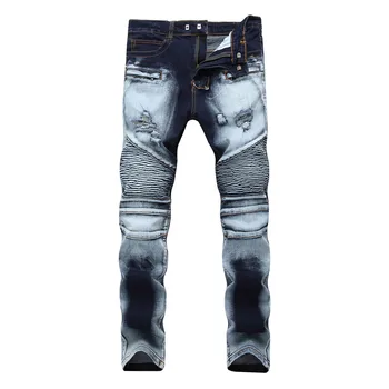 

2020 New Dropshipping Ripped Biker Jeans Men Skinny Elastic Pleated Denim Jeans Stretch Motorcycle Denim Pants Plus Size