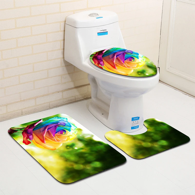 

3 PCS Flower Print Polyester Bath Mats Set Large Strong Suction Anti Non Slip Washable Bathroom Decoration Products Floor Rugs