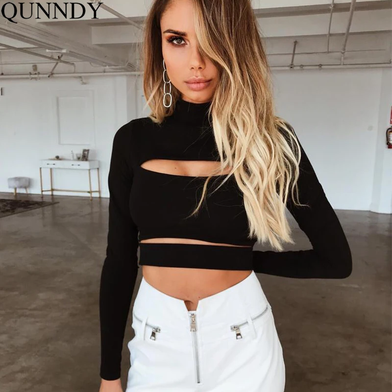 

Qunndy Cotton Crop Top Long Sleeve T Shirts Women Brand New Autumn Open Front Casual Tees Female T Shirt Cute Cropped Top