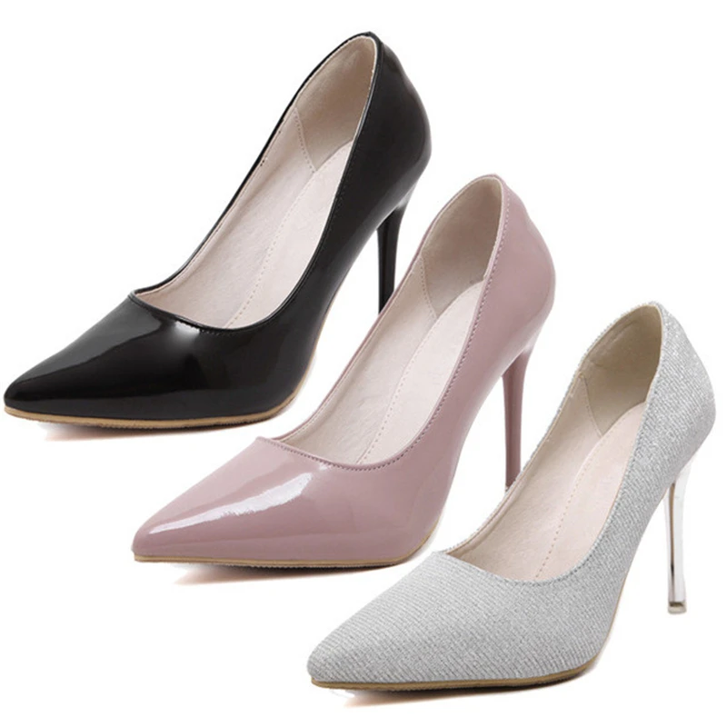 

Plus size 40 41 42 43 44 women's office lady patent leather basic slip-on silver black pointed toe 10cm thin high heels pumps 25