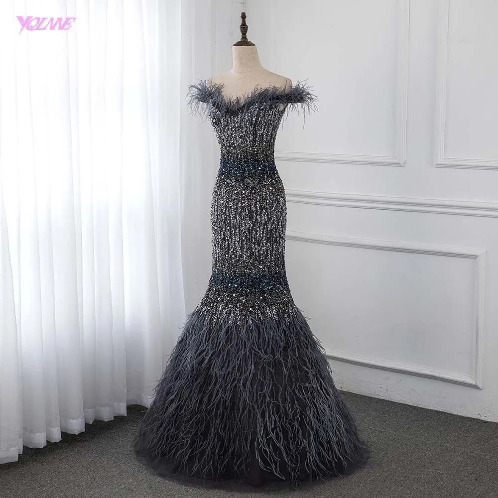 Luxury Gray Feathers Evening Dresses Long Off Shoulder Crystal Mermaid Evening Gown Competition YQLNNE