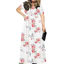 Женское модное платье размера плюс с цветочным принтом с v-образным вырезом и коротким рукавом, женское свободное повседневное модное летнее платье макси