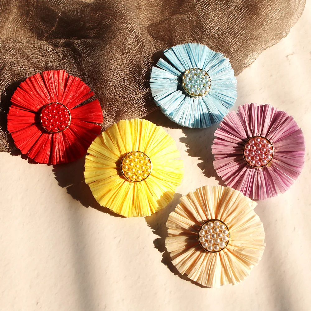 

Boho Elegant Round Raffia Flower Drop Dangle Earrings for Women Colorful Imitation Pearls Tassel Statement Earring Jewelry Gifts