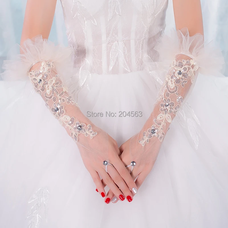 Потрясающие Свадебные перчатки без пальцев Тюль цвет шампанского кружева свадебные перчатки с кристаллами