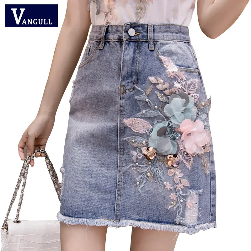 

Vangull 2019 Summer Women Beading Flower Denim Skirt Tassel Irregular High Waist Skirt Designer Woman Embroidery Slim Jean Skirt