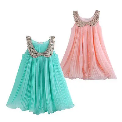 Summer Girls Pleated Chiffon One-Piece Dress Paillette Collar Children Colthes