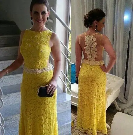 Vestido de gala цельное кружевное желтое вечернее платье с жемчугом без рукавов скромное женское вечернее платье на заказ - Цвет: As image