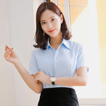 

Women V-Neck Short Sleeve Shirts Ladies Office Formal Shirt Blouse for Women Striped/Solid Female Social Blouses Tops Blusas