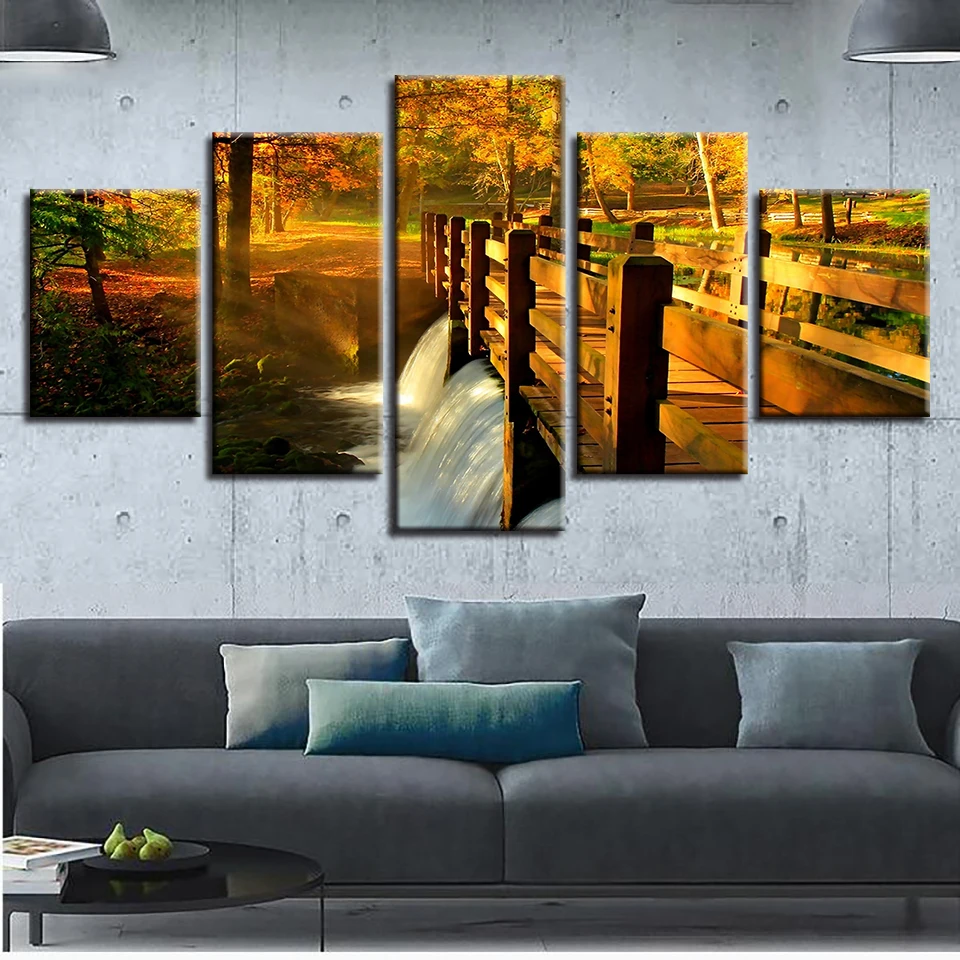 Frame Living Room HD Printed Home Decor Painting 5 Panel Wooden Bridge River Nature Scenery Modern Wall Art Pictures Posters