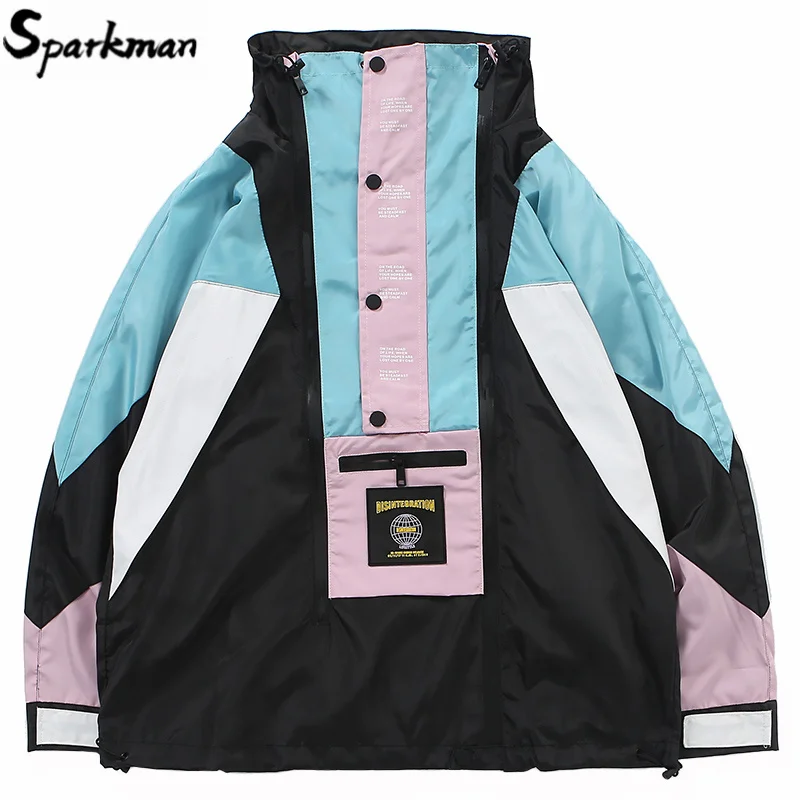 Harajuku Jacket Men Hip Hop Streetwear Retro Jacket Windbreaker Pocket Spring 2019 Vintage Color Block Track Jacket Coat Zipper