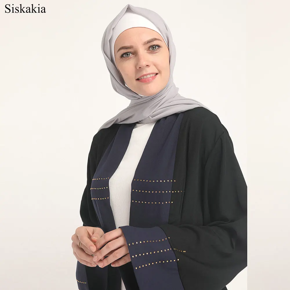 Siskakia Muslim Fashion Color Block Stitching Cardigan Robe Abaya Women Turkish Dubai Ramadan High Waist Sashes Female Abaya New (6)