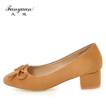 

Fanyuan Casual Slip-on Womens Heels Spring 2018 Flock Sweet Butterfly-knot Woman Pumps Comfort Med Heel Office Shoes Women